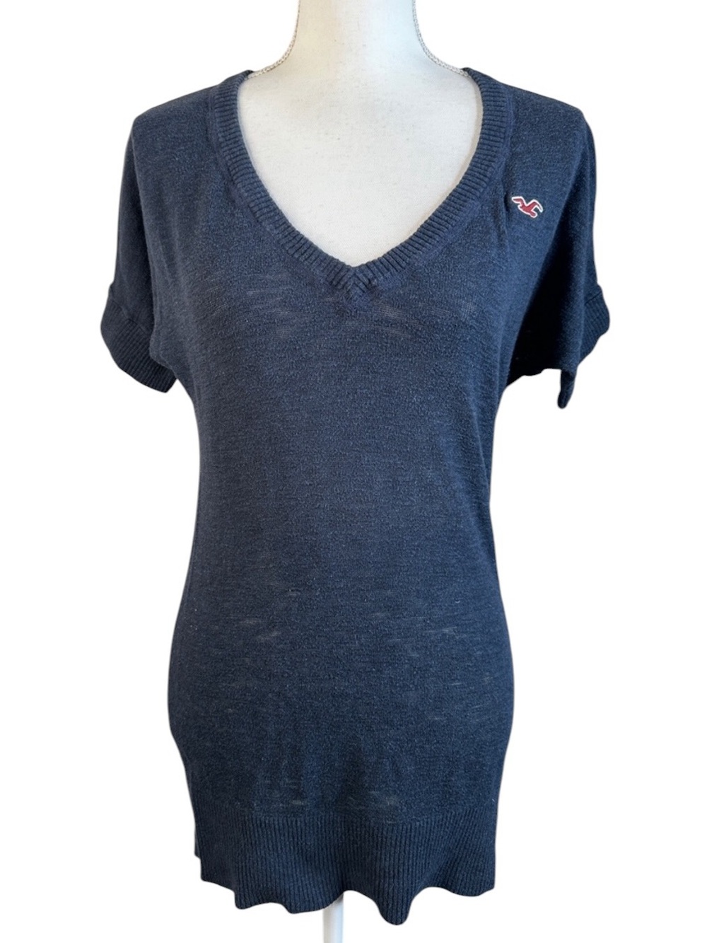 Hollister Vintage Y2K Navy Knit Bella Swan Short Sleeve V-Neck Sweater Size Med